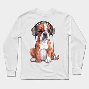 Watercolor Boxer Dog with Headphones Long Sleeve T-Shirt